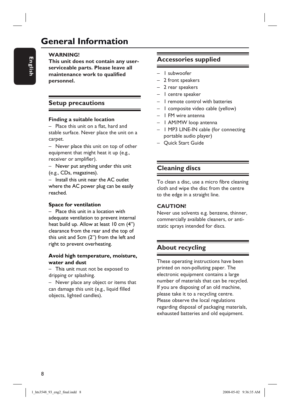 General information, Setup precautions, Accessories supplied | Cleaning discs, About recycling | Philips HTS3548 User Manual | Page 8 / 53
