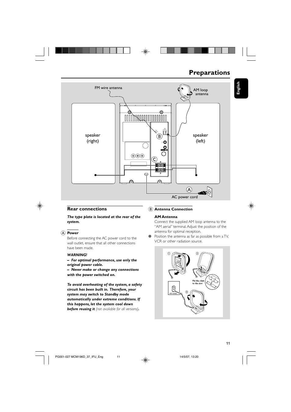 Preparations, Rear connections, Speaker (right) speaker (left) | Philips MCM196D/37B User Manual | Page 11 / 29