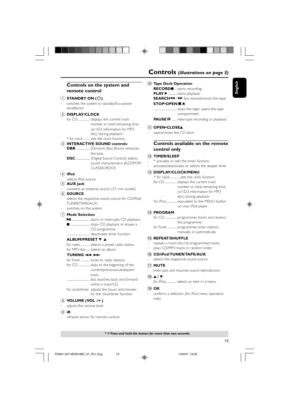 Controls | Philips MCM196D/37B User Manual | Page 13 / 29