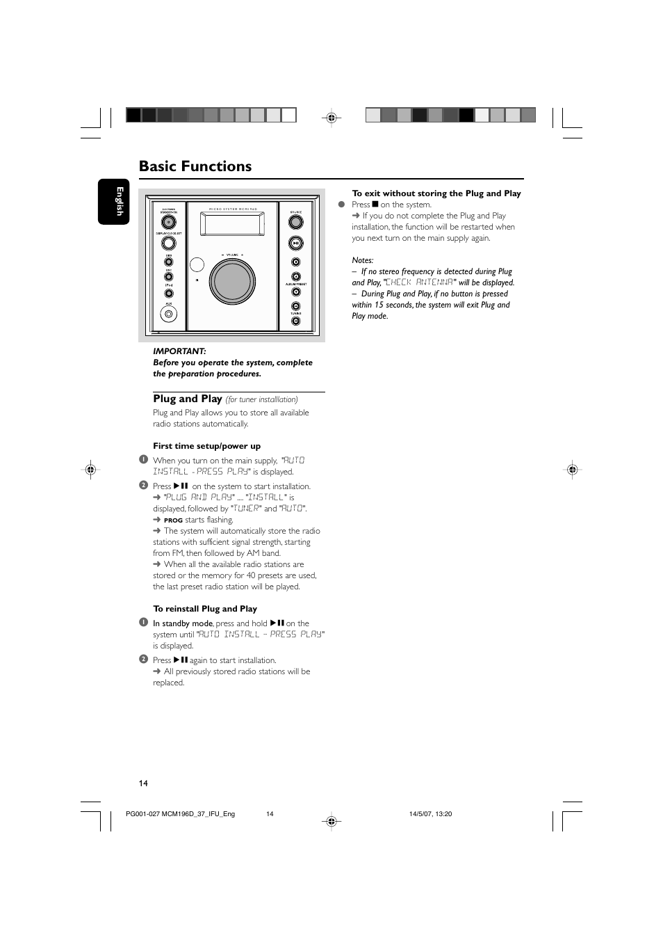 Basic functions, Plug and play | Philips MCM196D/37B User Manual | Page 14 / 29