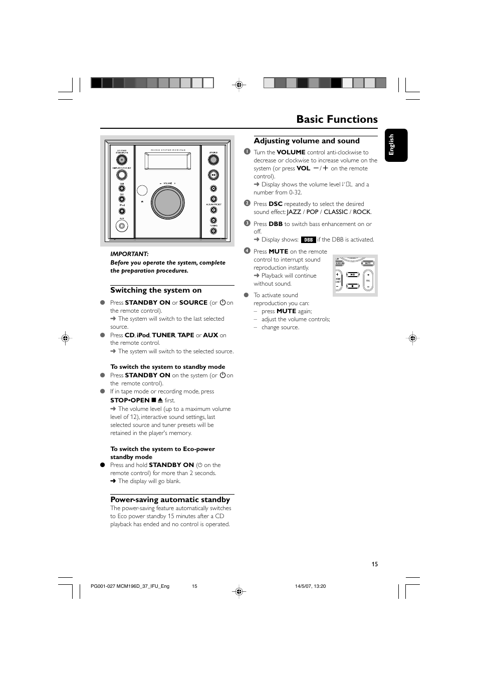 Basic functions, Adjusting volume and sound 1, Switching the system on | Power-saving automatic standby | Philips MCM196D/37B User Manual | Page 15 / 29