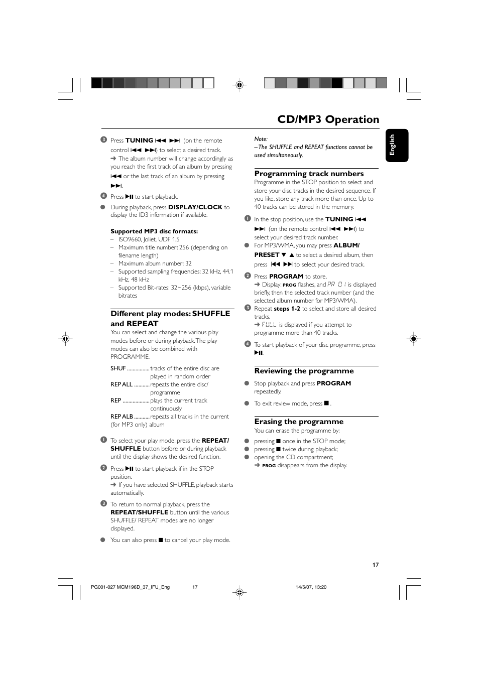 Cd/mp3 operation, Different play modes: shuffle and repeat, Programming track numbers | Reviewing the programme, Erasing the programme | Philips MCM196D/37B User Manual | Page 17 / 29