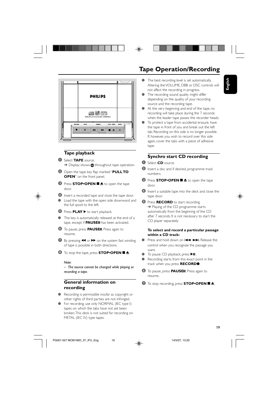 Tape operation/recording | Philips MCM196D/37B User Manual | Page 19 / 29