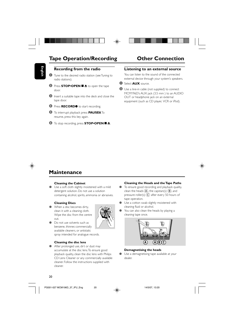 Tape operation/recording other connection, Maintenance | Philips MCM196D/37B User Manual | Page 20 / 29