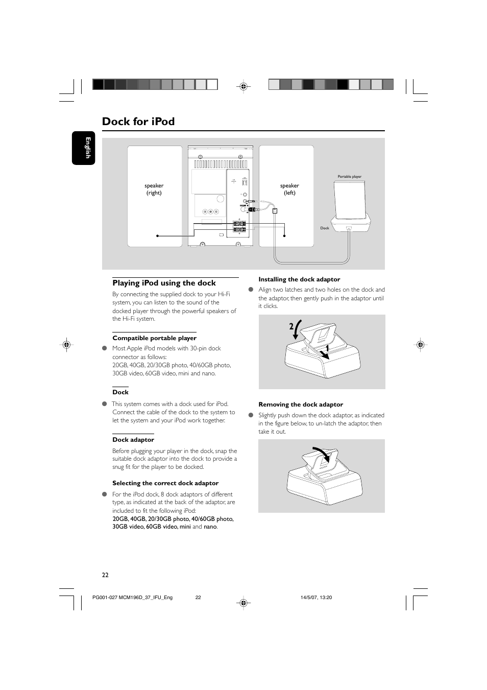 Dock for ipod, Playing ipod using the dock | Philips MCM196D/37B User Manual | Page 22 / 29