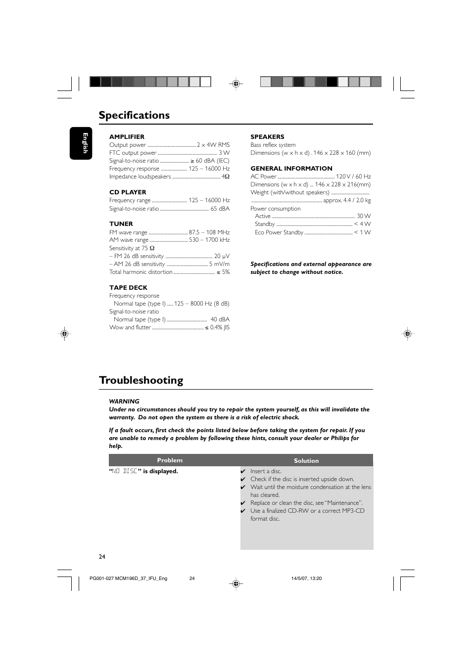 Specifications, Troubleshooting | Philips MCM196D/37B User Manual | Page 24 / 29