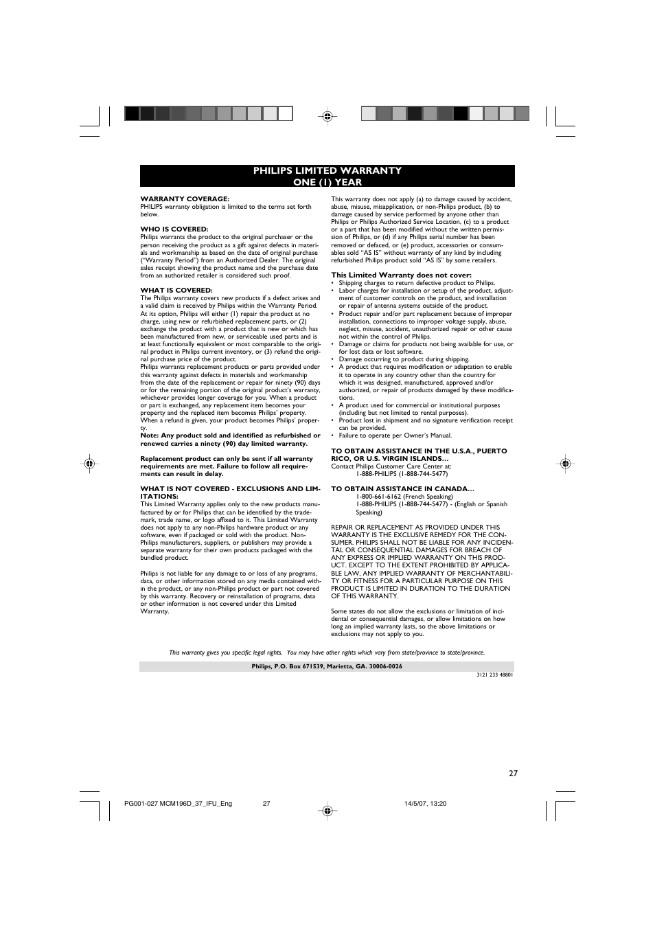 Philips limited warranty one (1) year | Philips MCM196D/37B User Manual | Page 27 / 29