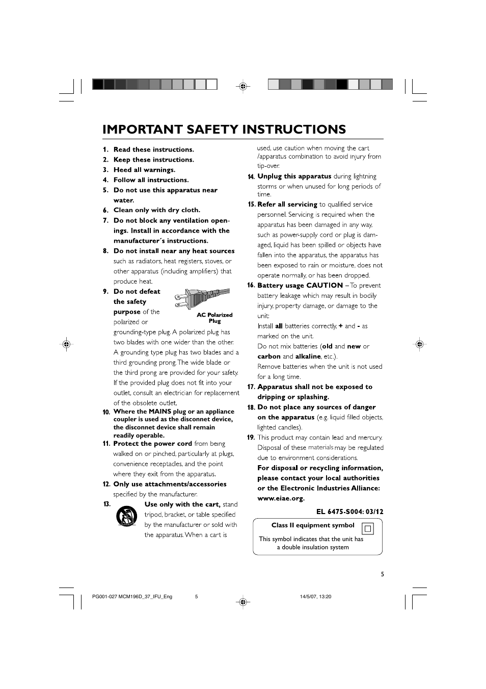 Important safety instructions | Philips MCM196D/37B User Manual | Page 5 / 29