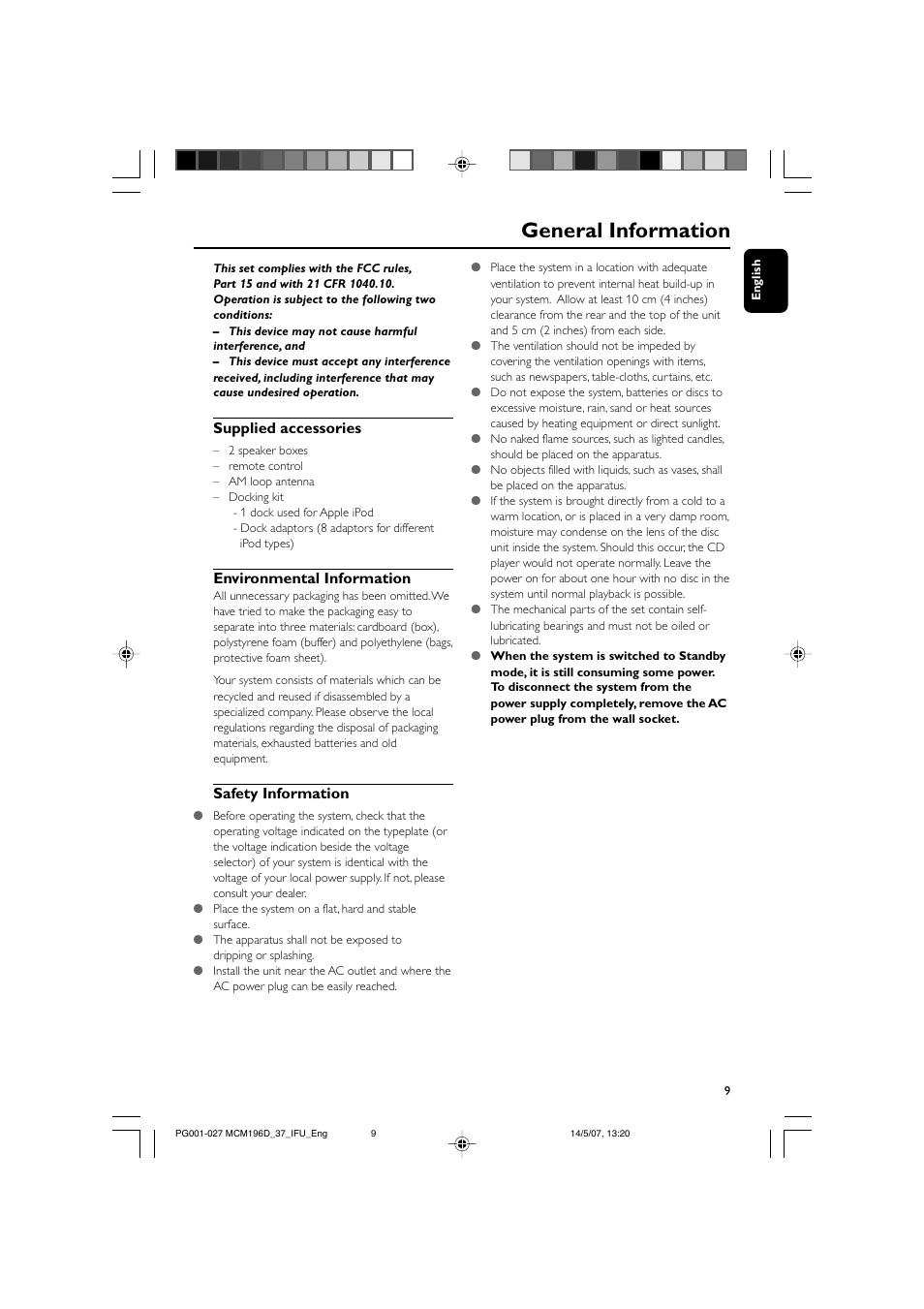 General information, Supplied accessories, Environmental information | Safety information | Philips MCM196D/37B User Manual | Page 9 / 29