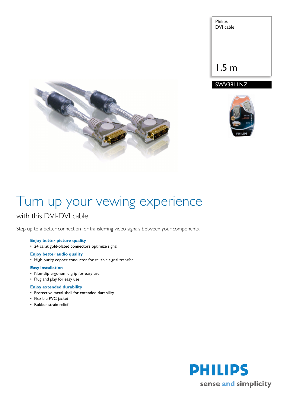 Philips DVI Cable SWV3811NZ User Manual | 2 pages