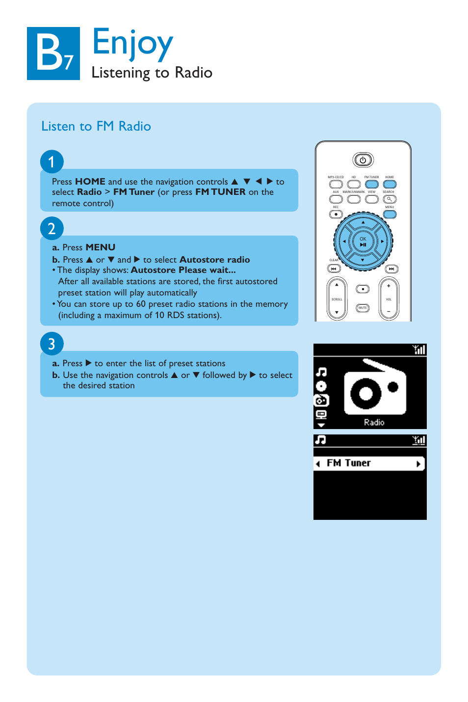 Enjoy, Listening to radio 1, Listen to fm radio | Philips WAC3500 User Manual | Page 10 / 12