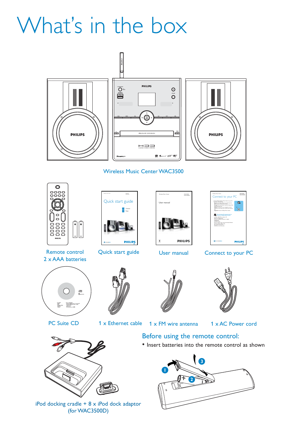 What’s in the box, Before using the remote control | Philips WAC3500 User Manual | Page 2 / 12