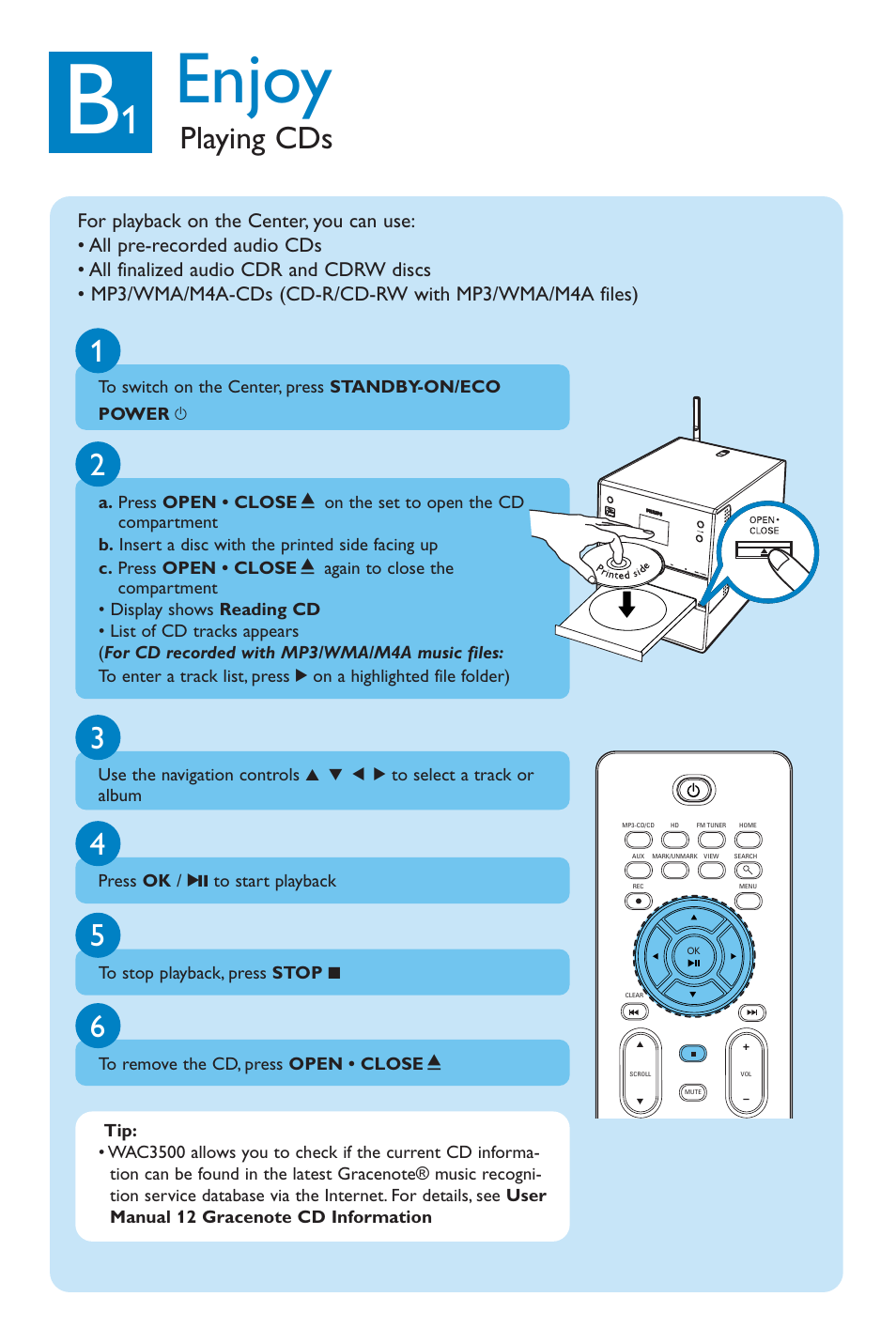 Enjoy, Playing cds | Philips WAC3500 User Manual | Page 4 / 12