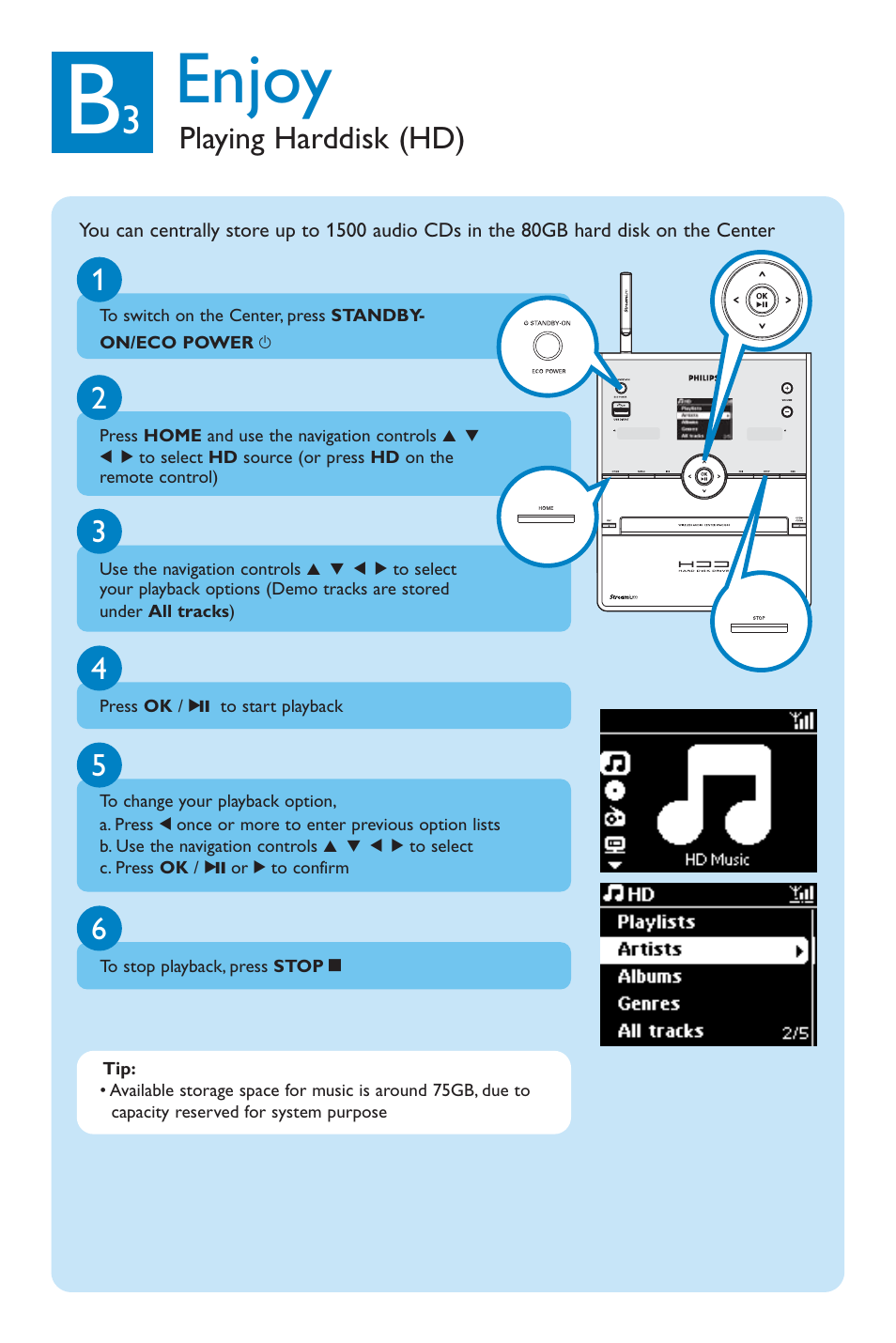 Enjoy, Playing harddisk (hd) 1 | Philips WAC3500 User Manual | Page 6 / 12