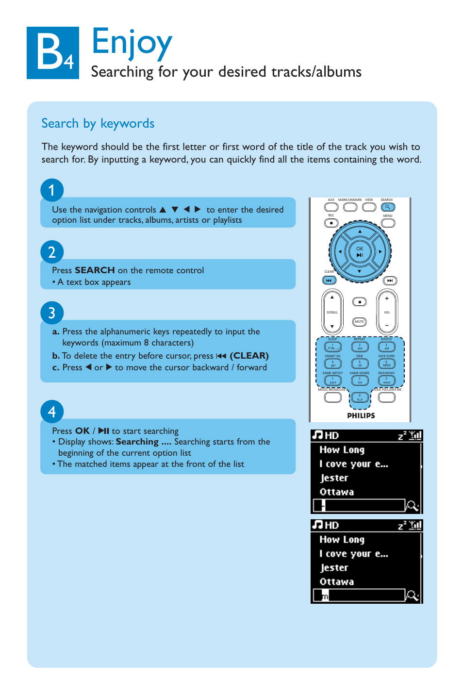 Enjoy, Searching for your desired tracks/albums, Search by keywords | Philips WAC3500 User Manual | Page 7 / 12