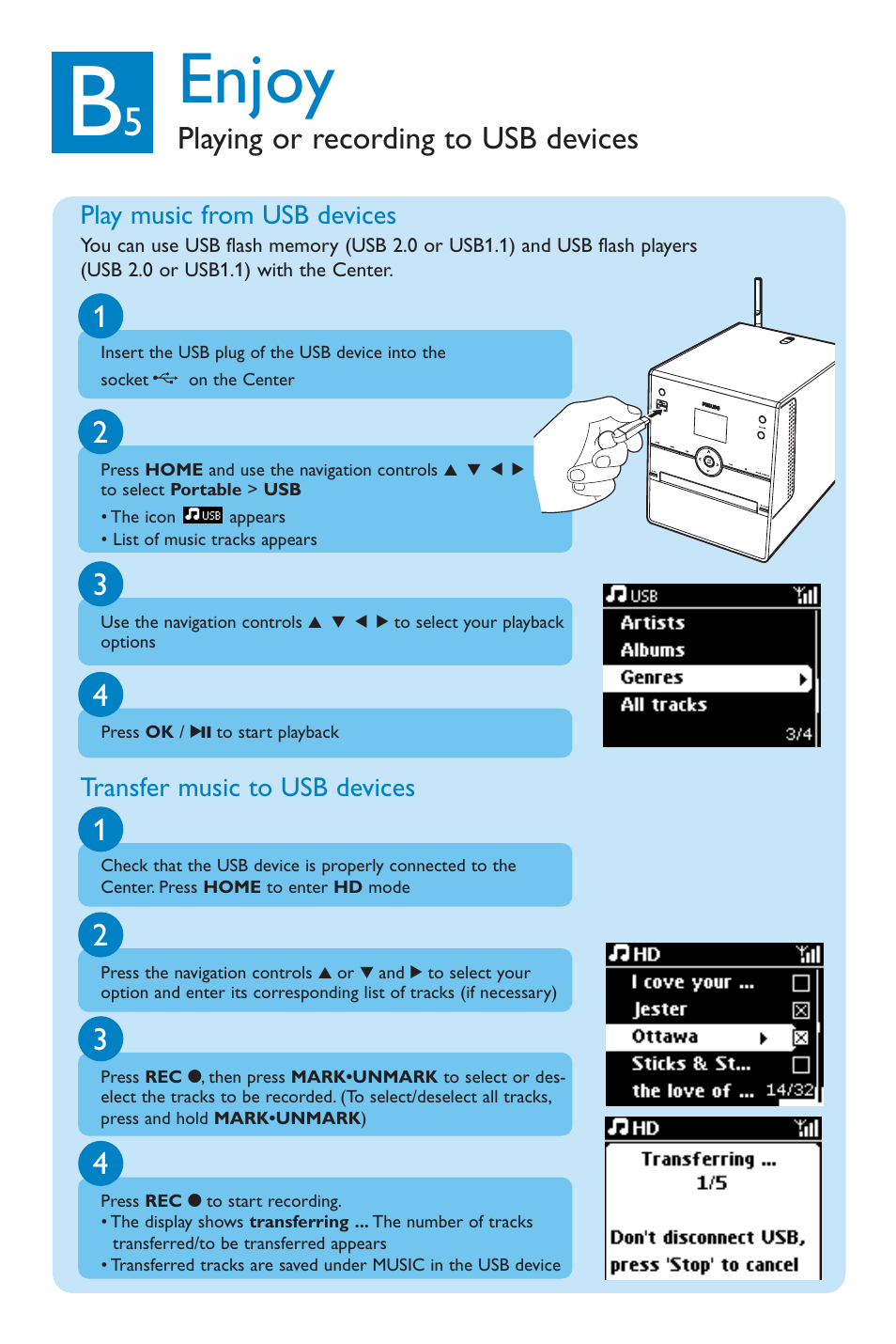 Enjoy, Playing or recording to usb devices | Philips WAC3500 User Manual | Page 8 / 12