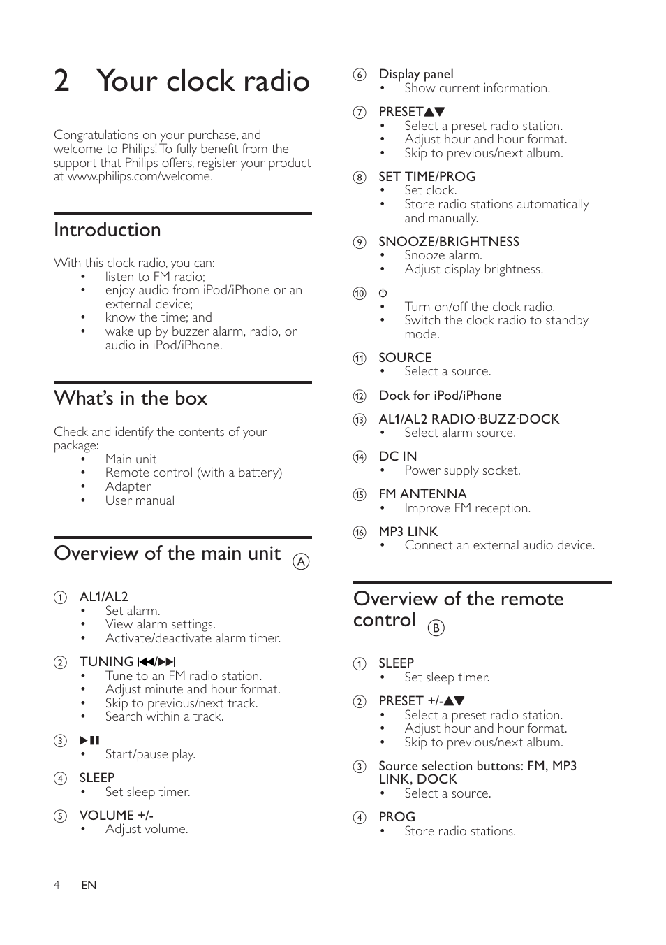 2 your clock radio, Overview of the remote control, Introduction | What’s in the box, Overview of the main unit | Philips AJ7040D User Manual | Page 10 / 19