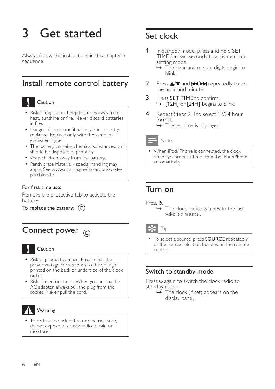 3 get started, Set clock, Turn on | Install remote control battery, Connect power | Philips AJ7040D User Manual | Page 12 / 19