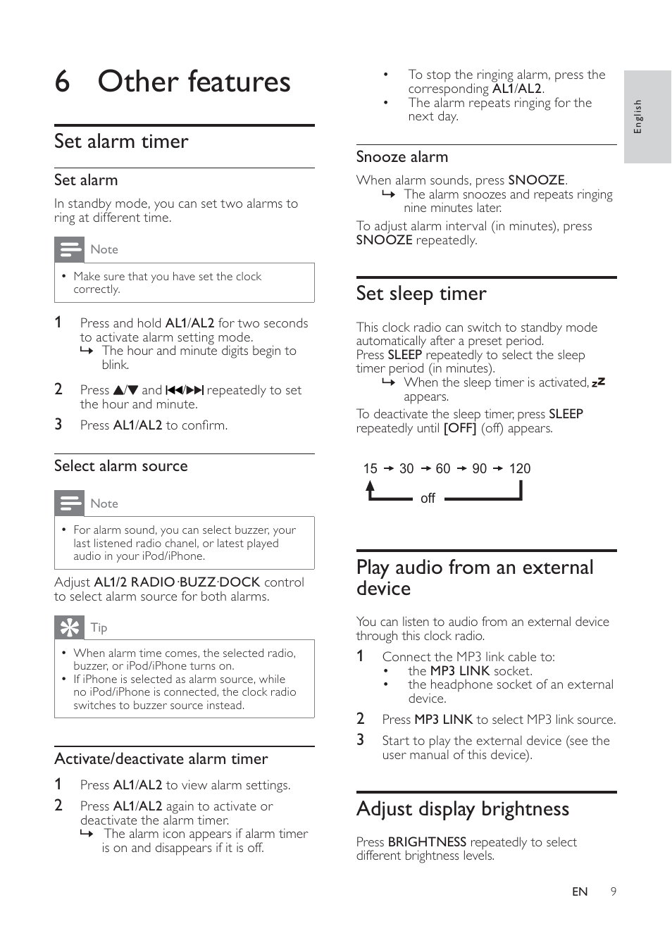 6 other features, Set sleep timer, Play audio from an external device | Adjust display brightness, Set alarm timer | Philips AJ7040D User Manual | Page 15 / 19