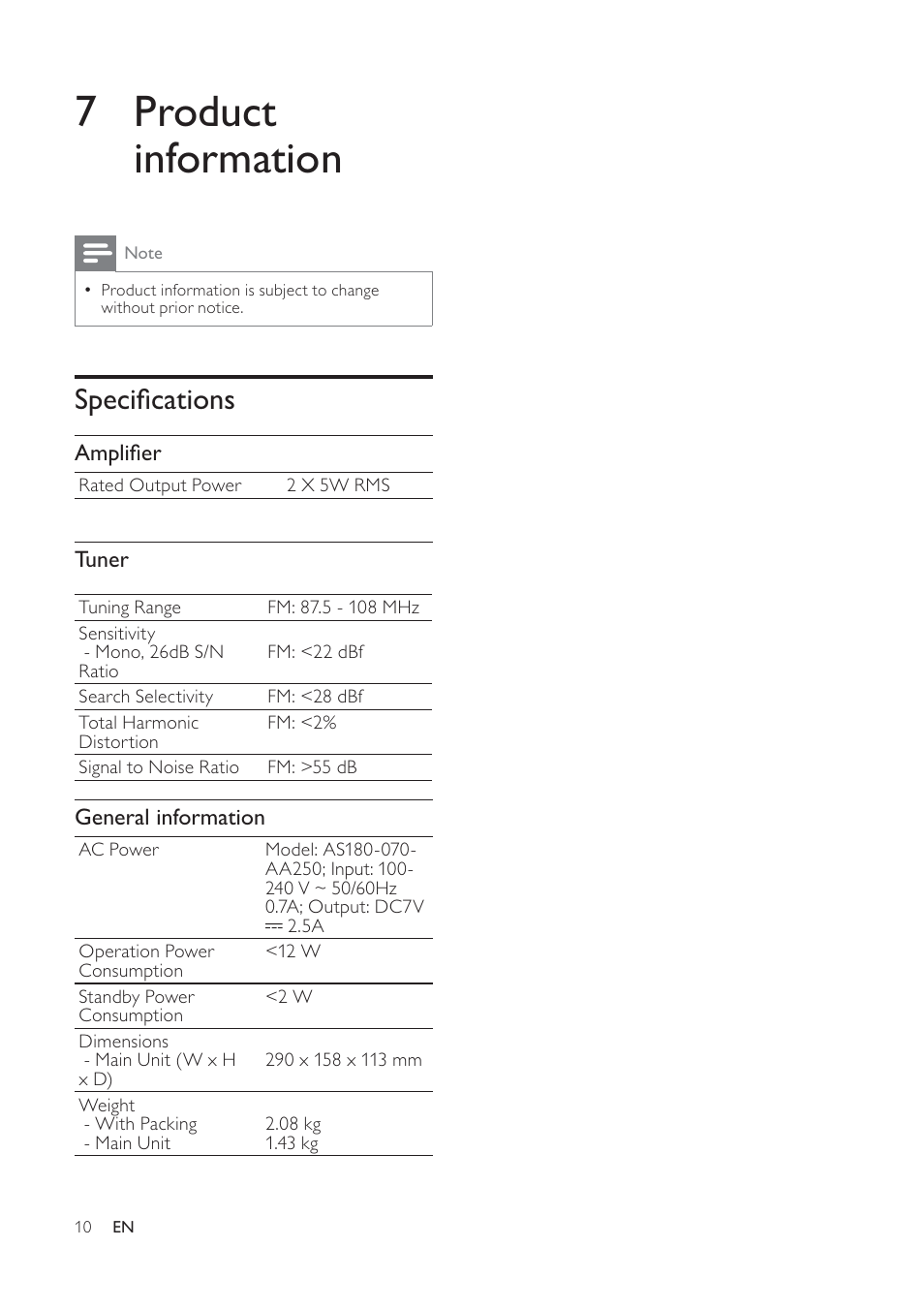 7 product information, Specià cations | Philips AJ7040D User Manual | Page 16 / 19