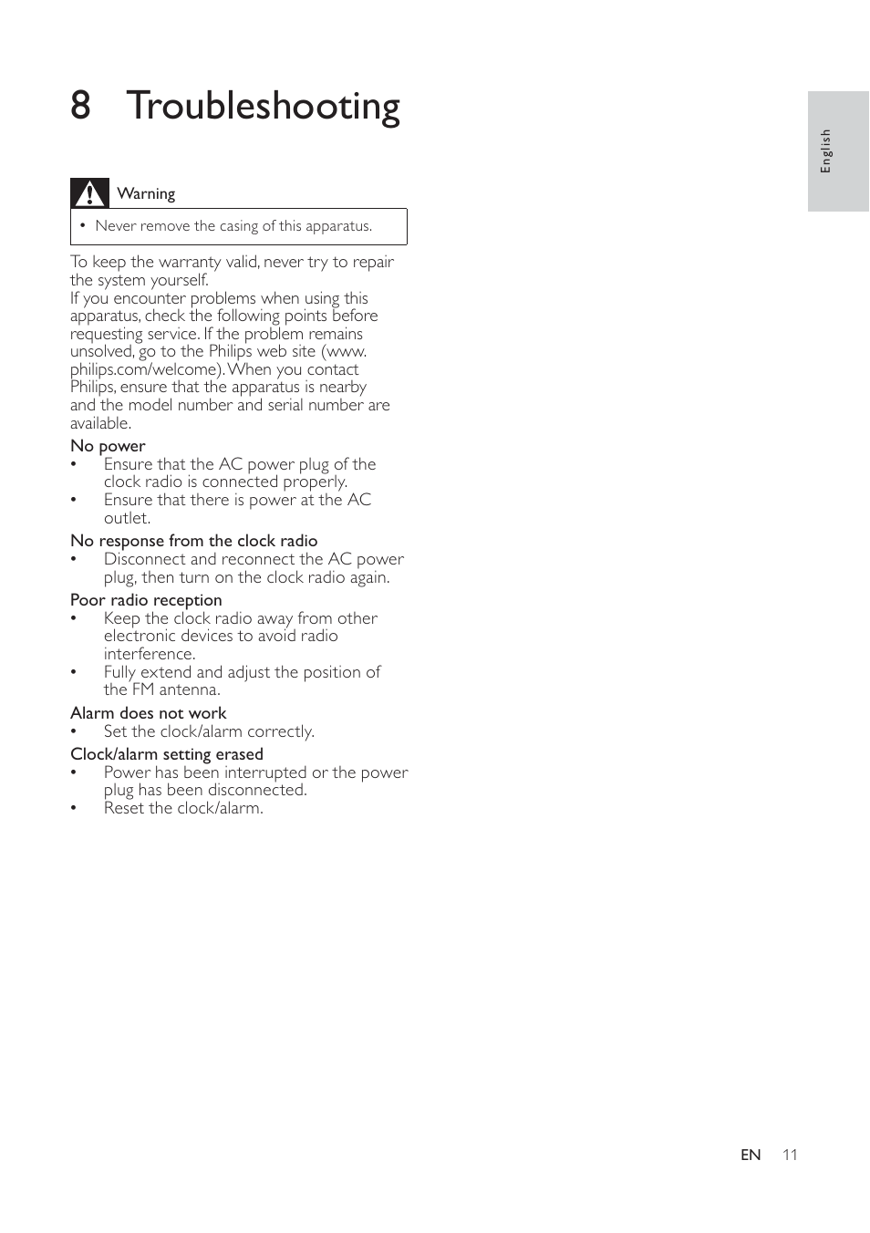 8 troubleshooting | Philips AJ7040D User Manual | Page 17 / 19