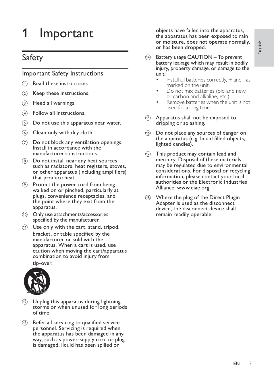 1 important, Safety, Important safety instructions | Philips AJ7040D User Manual | Page 9 / 19
