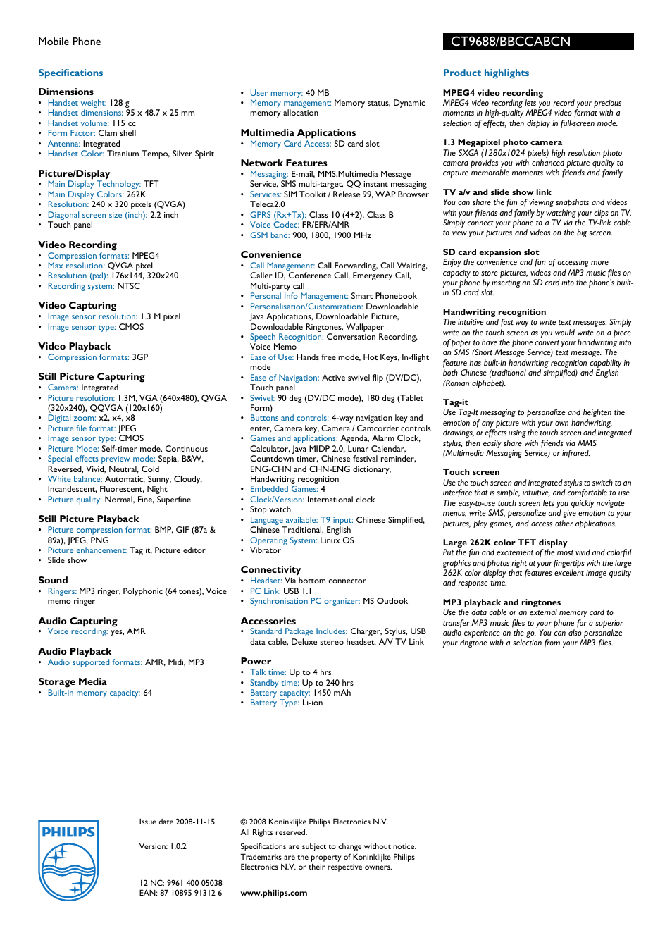 Ct9688/bbccabcn | Philips CT9688 User Manual | Page 2 / 2