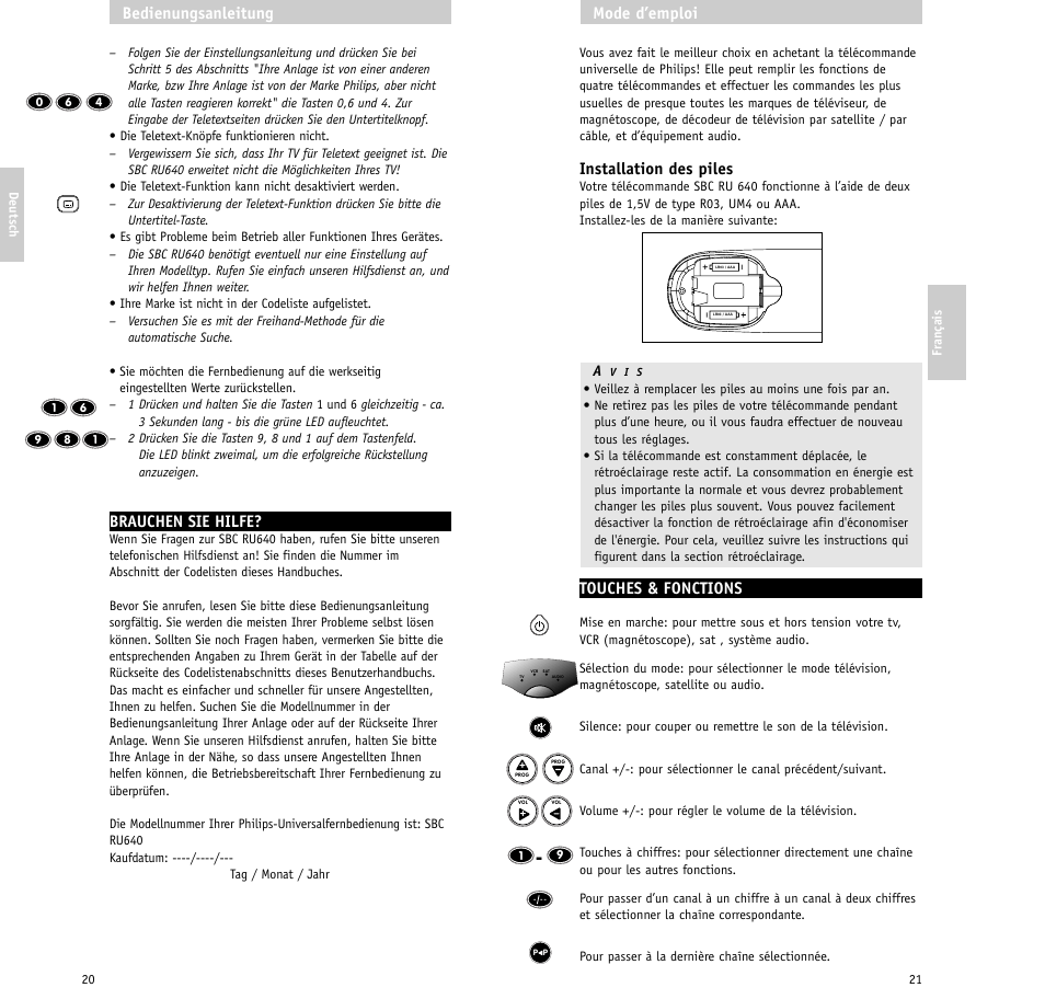 Installation des piles, Touches & fonctions, Mode d’emploi | Brauchen sie hilfe, Bedienungsanleitung | Philips RU640/00 User Manual | Page 11 / 31