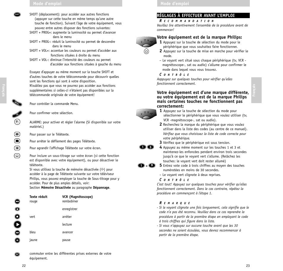 Réglages à effectuer avant l’emploi, Votre équipement est de la marque philips: 1, Mode d’emploi | Philips RU640/00 User Manual | Page 12 / 31