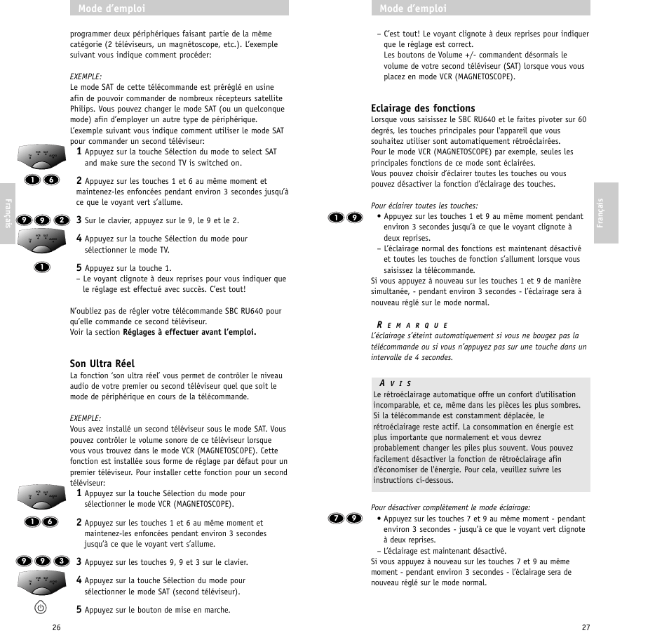 Eclairage des fonctions, Mode d’emploi, Son ultra réel | Philips RU640/00 User Manual | Page 14 / 31