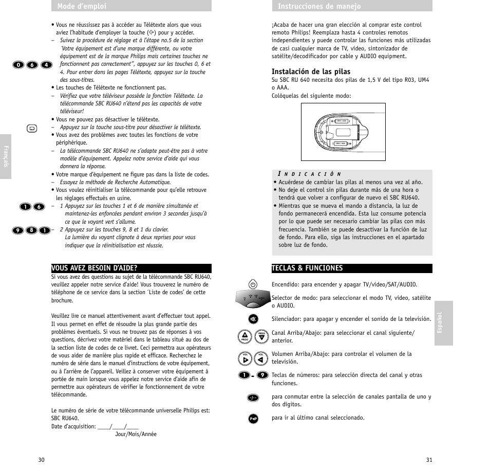 Instalación de las pilas, Teclas & funciones, Instrucciones de manejo | Vous avez besoin d’aide, Mode d’emploi | Philips RU640/00 User Manual | Page 16 / 31