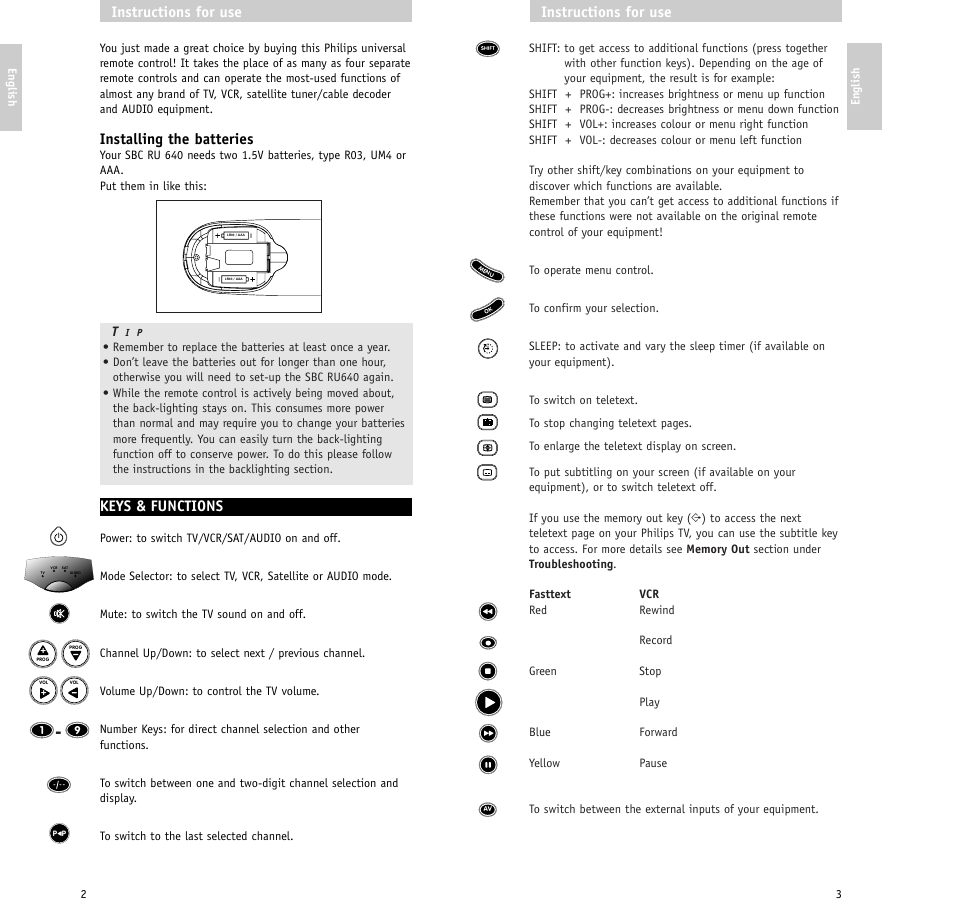 Instructions for use, Installing the batteries, Keys & functions | Philips RU640/00 User Manual | Page 2 / 31
