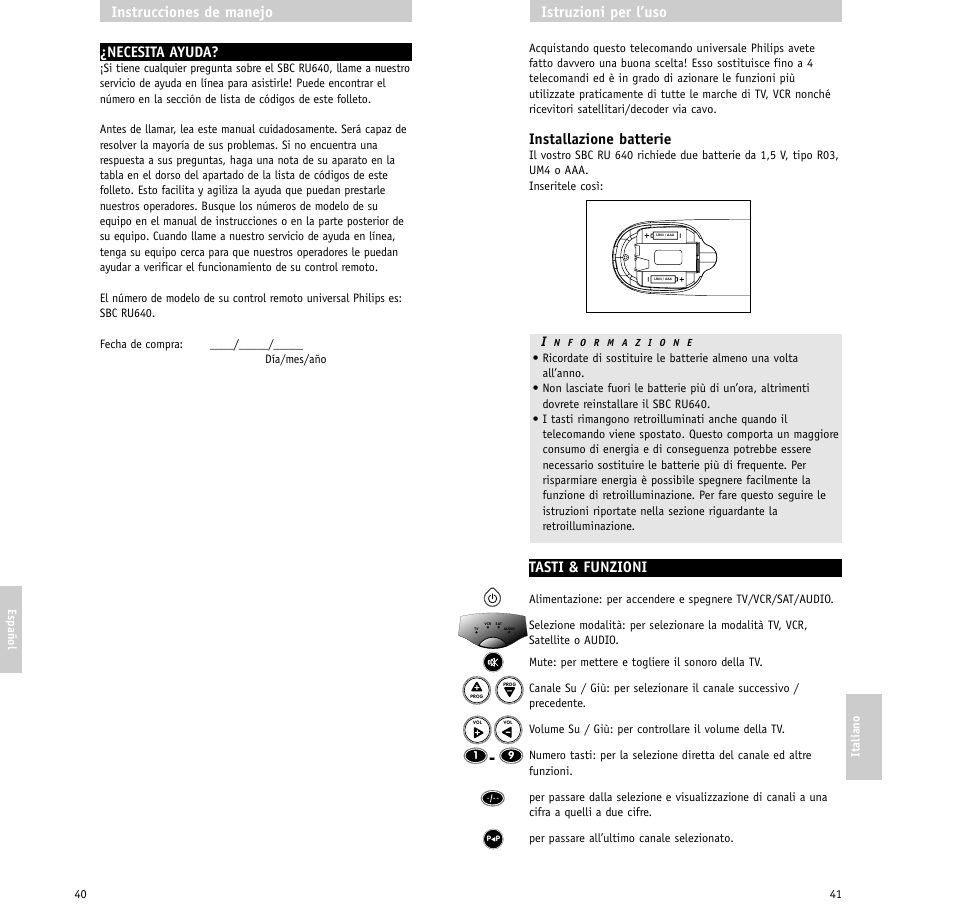 Installazione batterie, Tasti & funzioni, Istruzioni per l’uso | Necesita ayuda, Instrucciones de manejo | Philips RU640/00 User Manual | Page 21 / 31