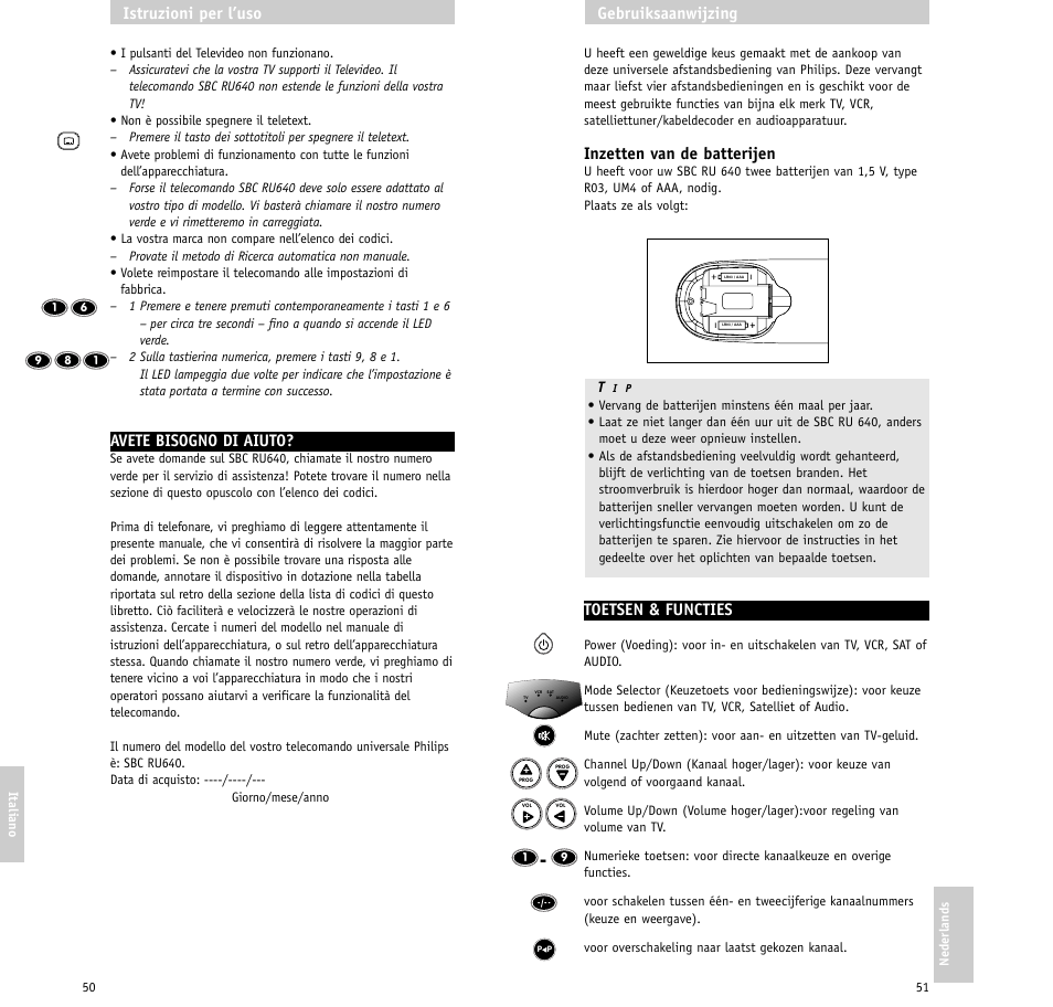 Inzetten van de batterijen, Toetsen & functies, Gebruiksaanwijzing | Avete bisogno di aiuto, Istruzioni per l’uso | Philips RU640/00 User Manual | Page 26 / 31