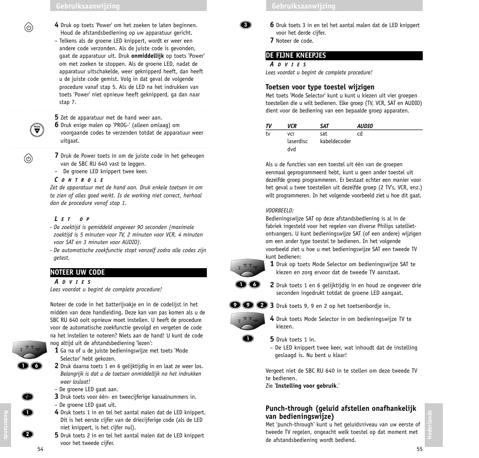 De fijne kneepjes, Toetsen voor type toestel wijzigen, Gebruiksaanwijzing | Philips RU640/00 User Manual | Page 28 / 31