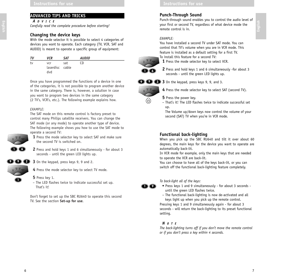 Punch-through sound, Functional back-lighting, Instructions for use | Advanced tips and tricks, Changing the device keys | Philips RU640/00 User Manual | Page 4 / 31