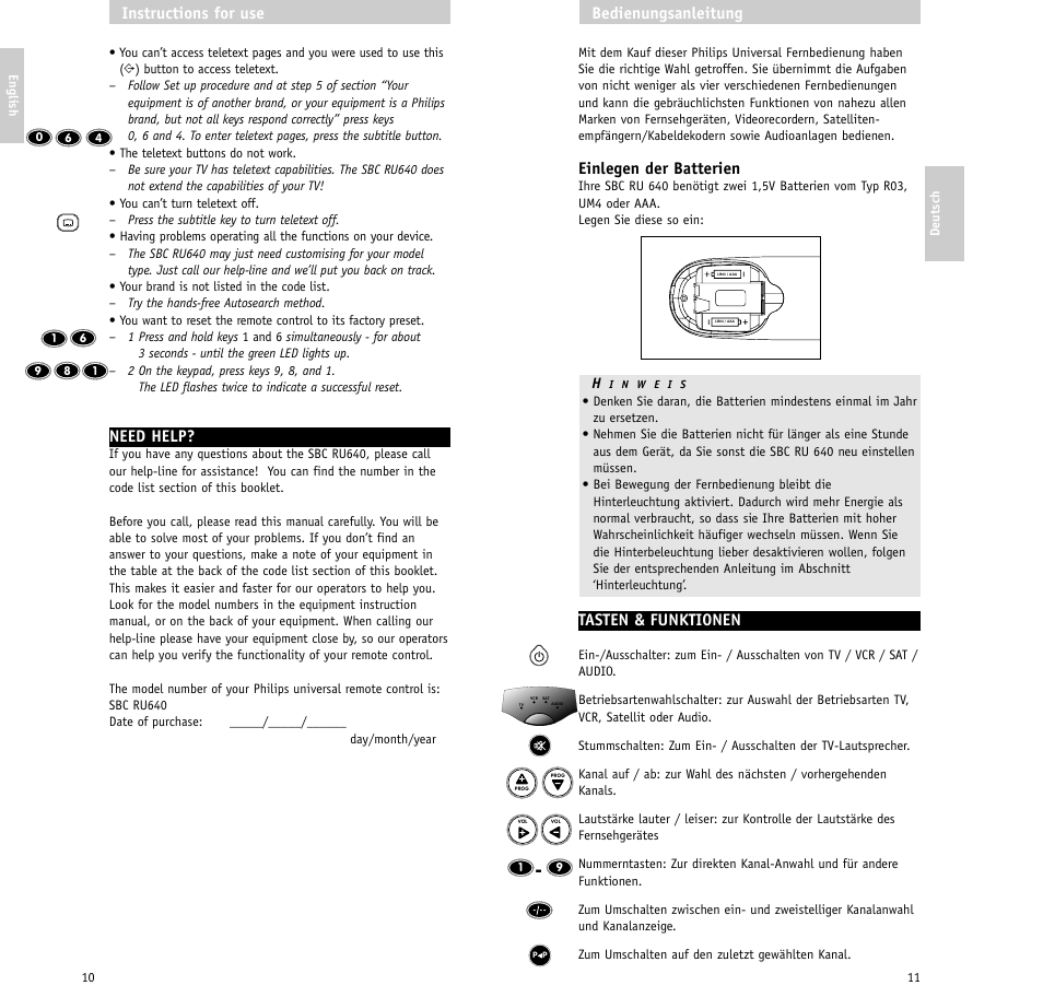 Einlegen der batterien, Tasten & funktionen, Bedienungsanleitung | Need help, Instructions for use | Philips RU640/00 User Manual | Page 6 / 31