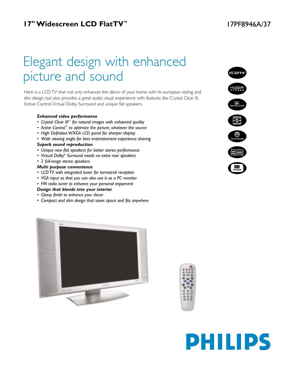 Philips 17" Widescreen LCD FlatTV 17PF8946A/37 User Manual | 2 pages