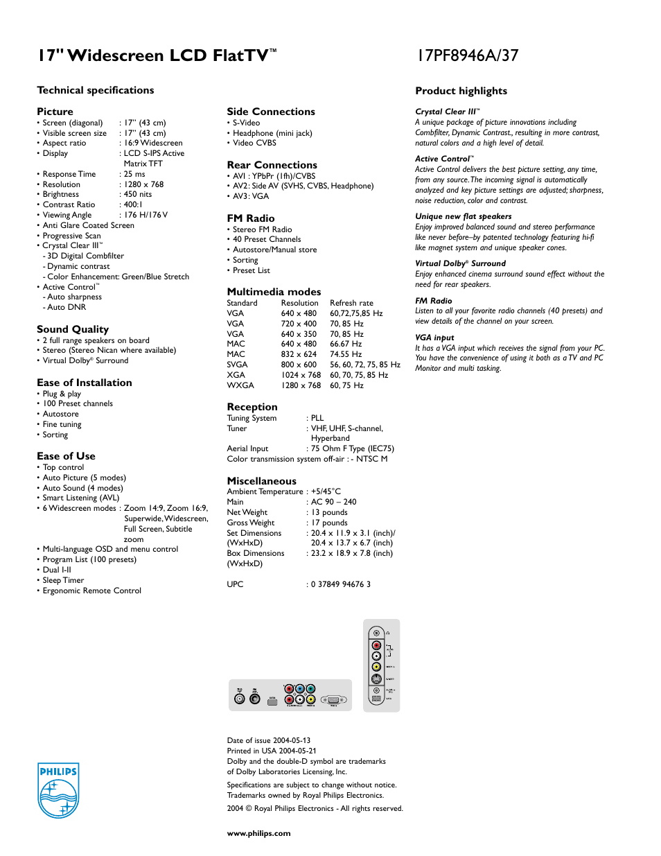 17" widescreen lcd flattv | Philips 17" Widescreen LCD FlatTV 17PF8946A/37 User Manual | Page 2 / 2