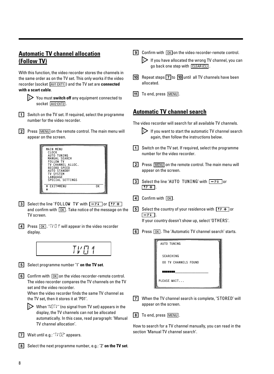 Automatic tv channel allocation (follow tv), Automatic tv channel search, Tv01 | Philips VR605A/58 User Manual | Page 10 / 32