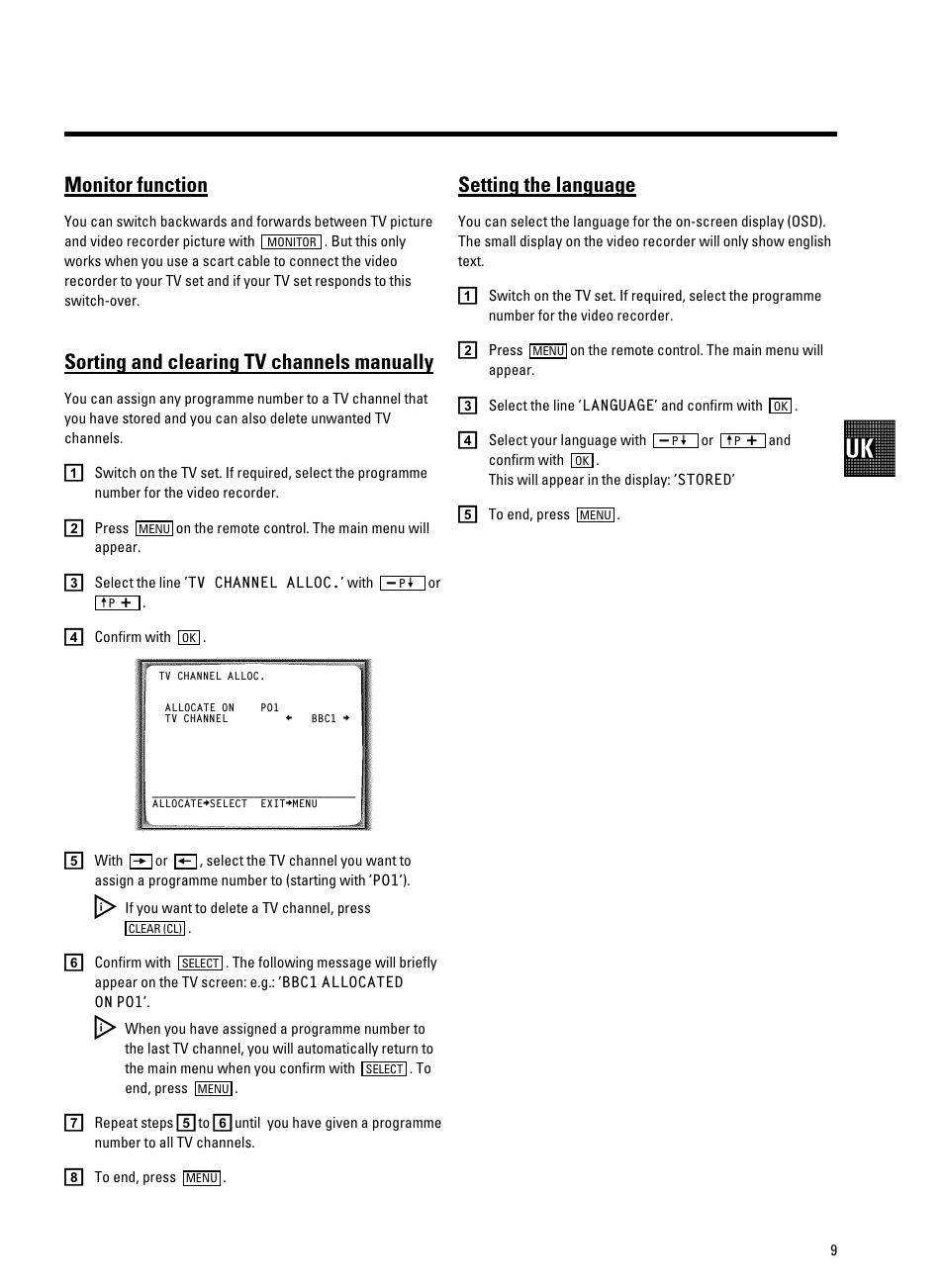 Monitor function, Sorting and clearing tv channels manually, Setting the language | Philips VR605A/58 User Manual | Page 11 / 32