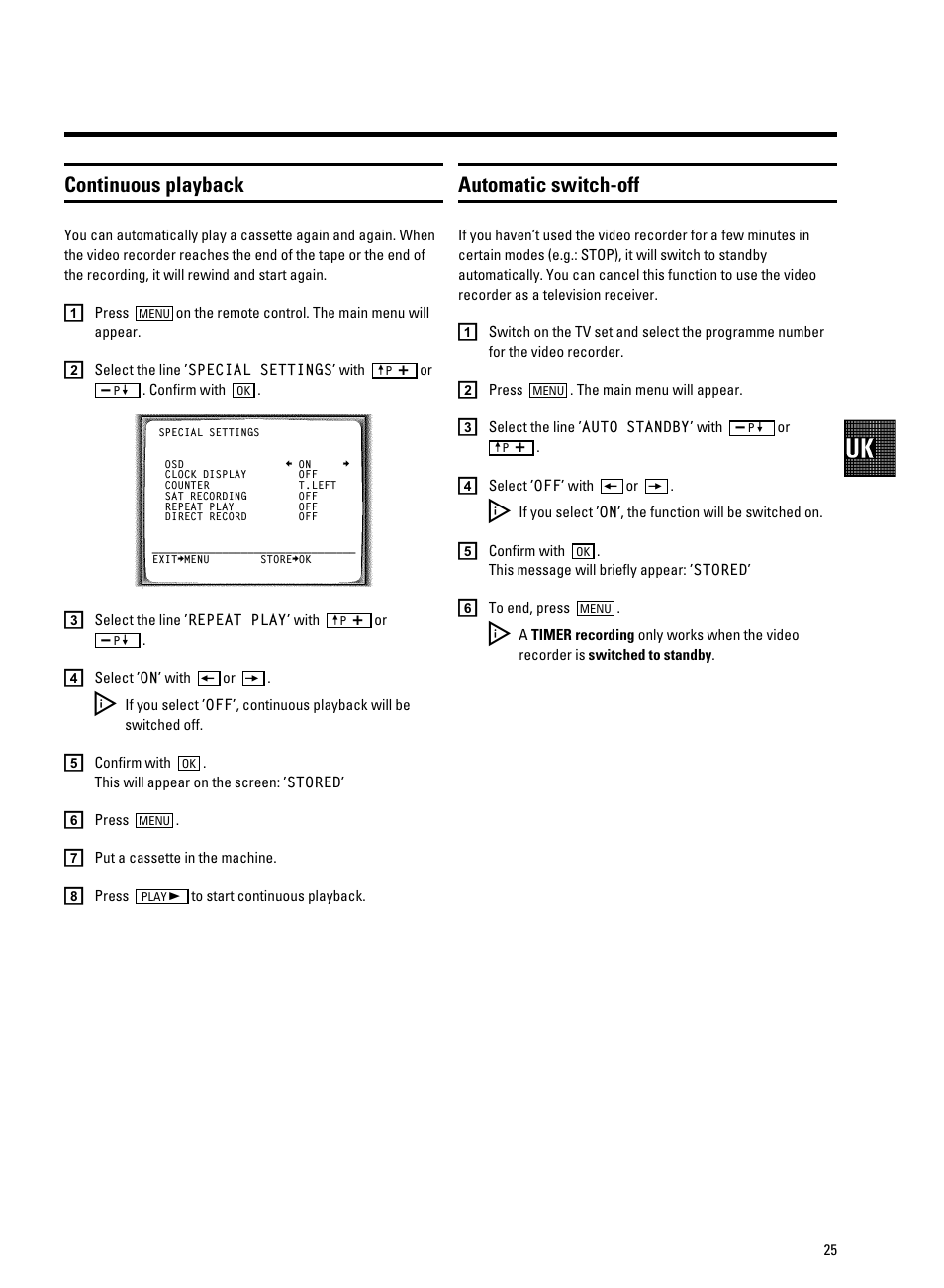 Continuous playback, Automatic switch-off | Philips VR605A/58 User Manual | Page 27 / 32