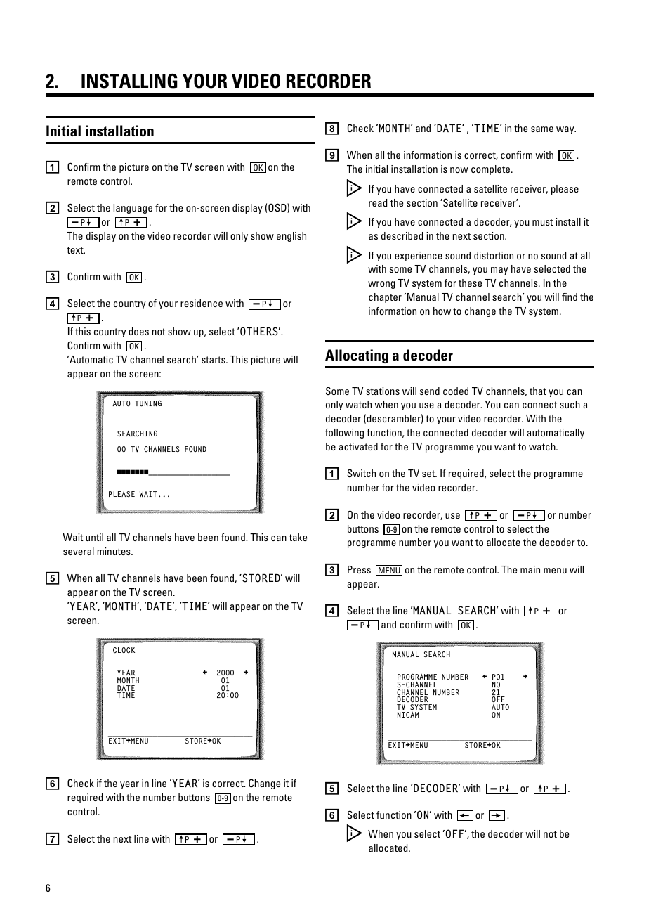 Installing your video recorder, Initial installation, Allocating a decoder | Philips VR605A/58 User Manual | Page 8 / 32