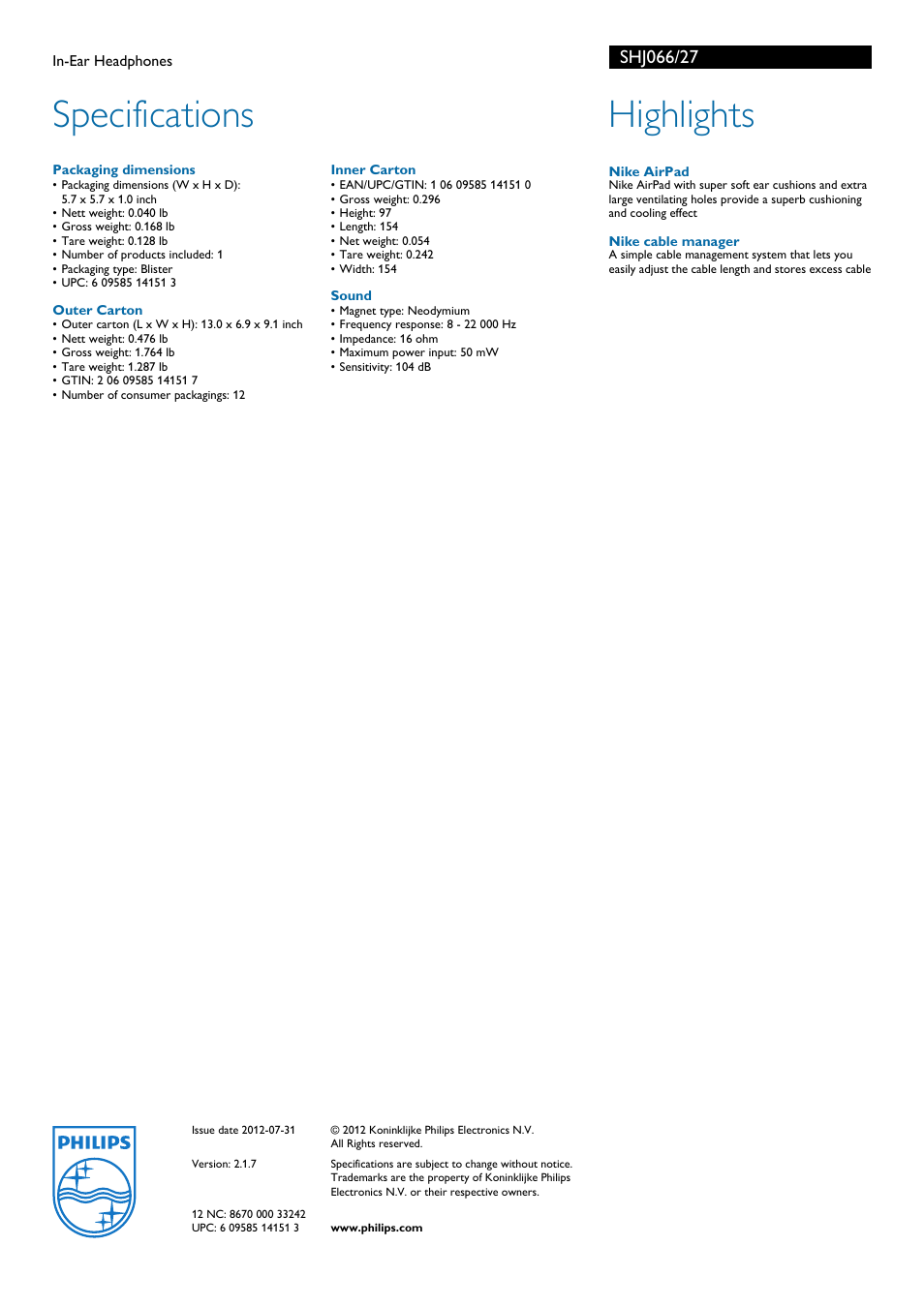 Specifications, Highlights | Philips Nike Pursue SHJ066 User Manual | Page 2 / 2