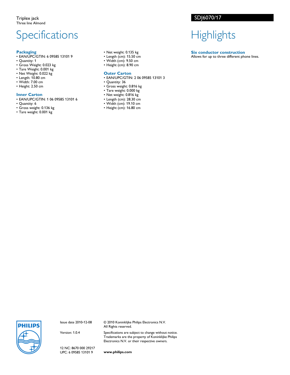 Specifications, Highlights | Philips TRIPLEX JACK SDJ6070 User Manual | Page 2 / 2