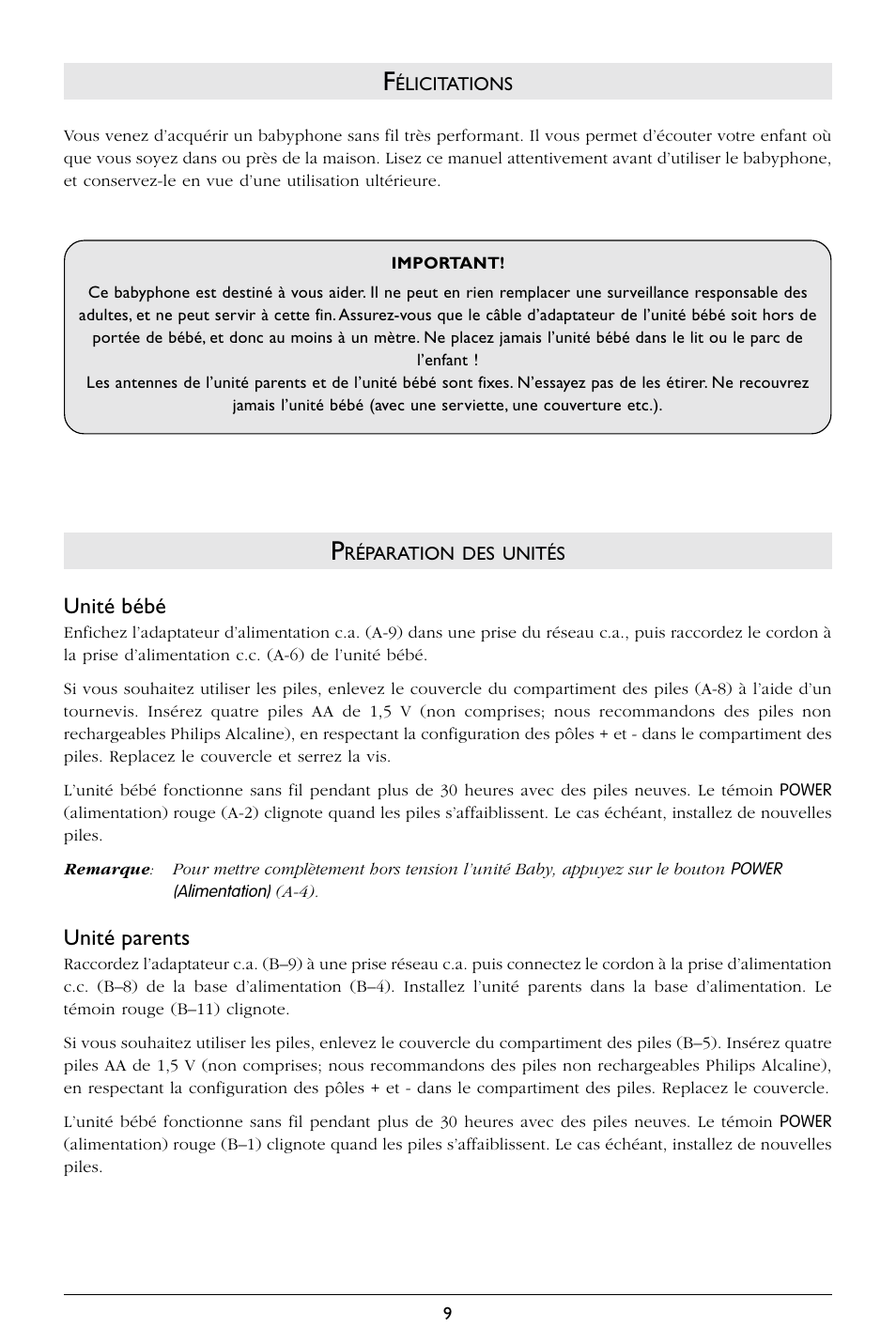 Unité bébé, Unité parents | Philips SBCSC363 User Manual | Page 10 / 75