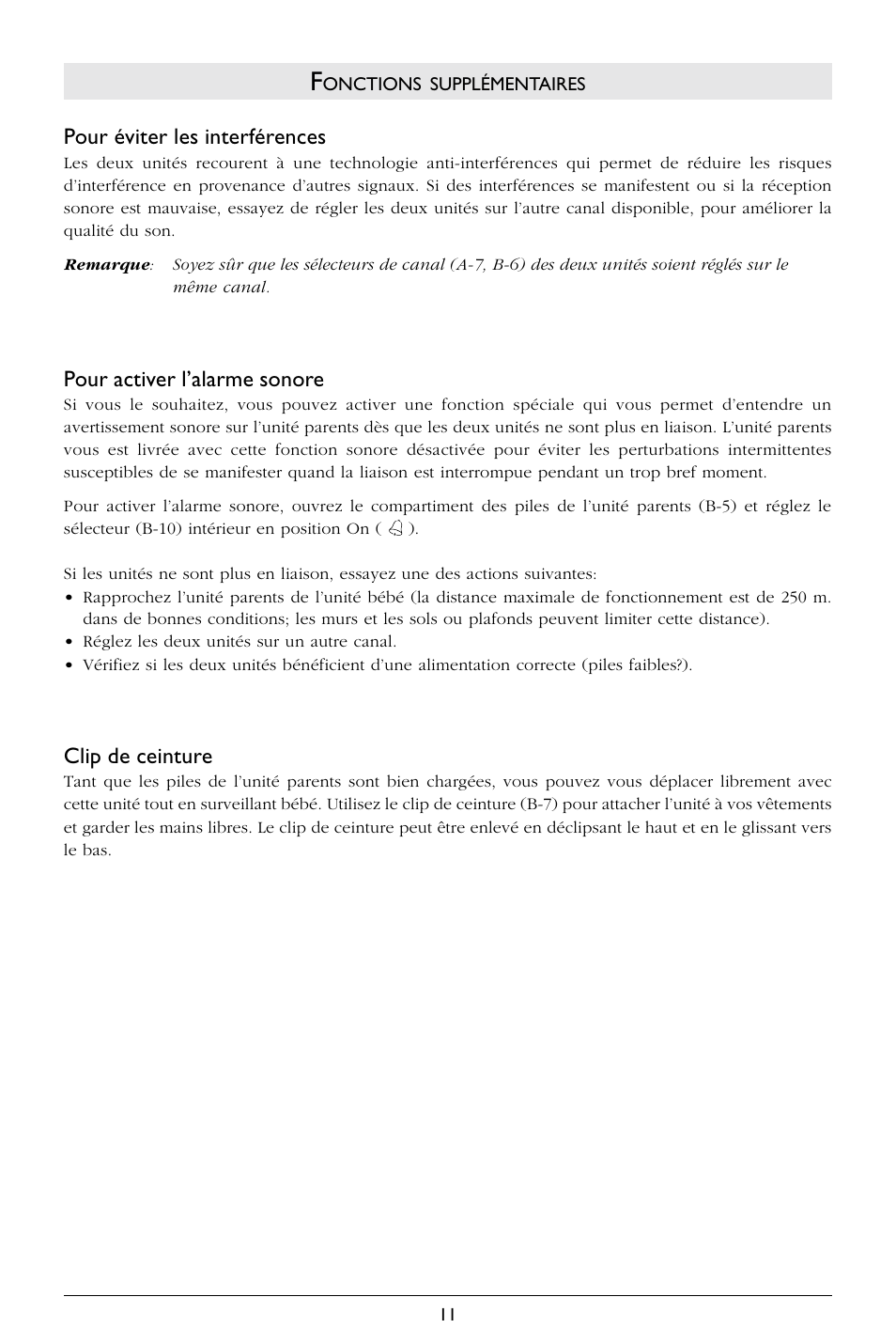 Pour éviter les interférences, Pour activer l’alarme sonore, Clip de ceinture | Philips SBCSC363 User Manual | Page 12 / 75