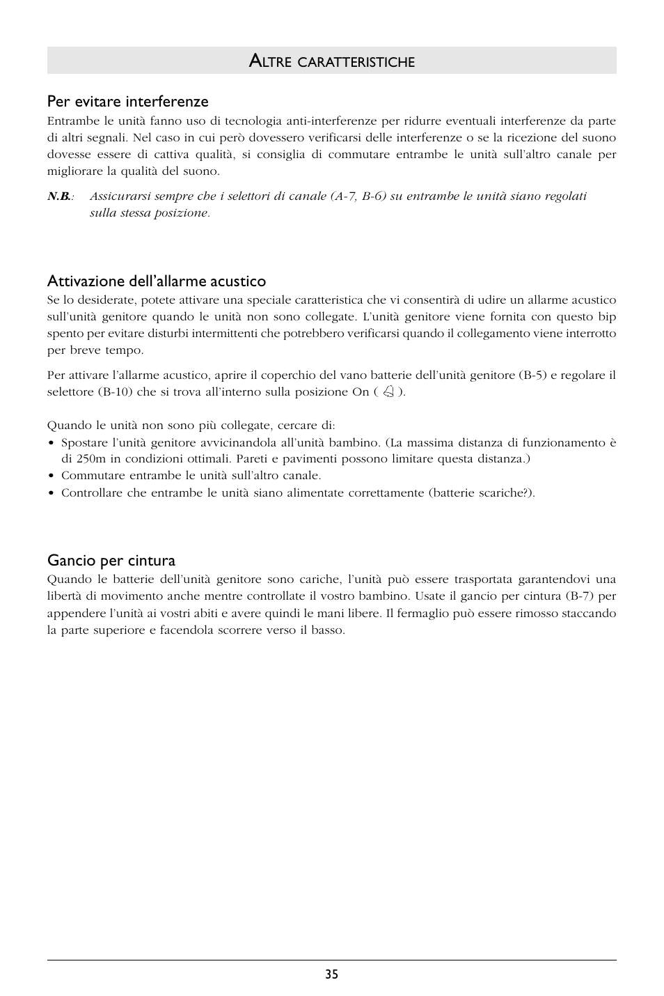 Per evitare interferenze, Attivazione dell’allarme acustico, Gancio per cintura | Philips SBCSC363 User Manual | Page 36 / 75