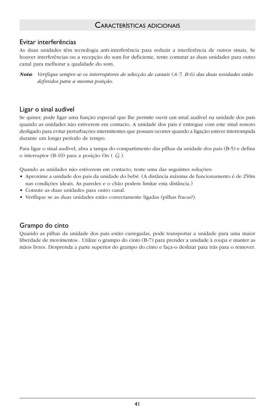 Evitar interferências, Ligar o sinal audível, Grampo do cinto | Philips SBCSC363 User Manual | Page 42 / 75