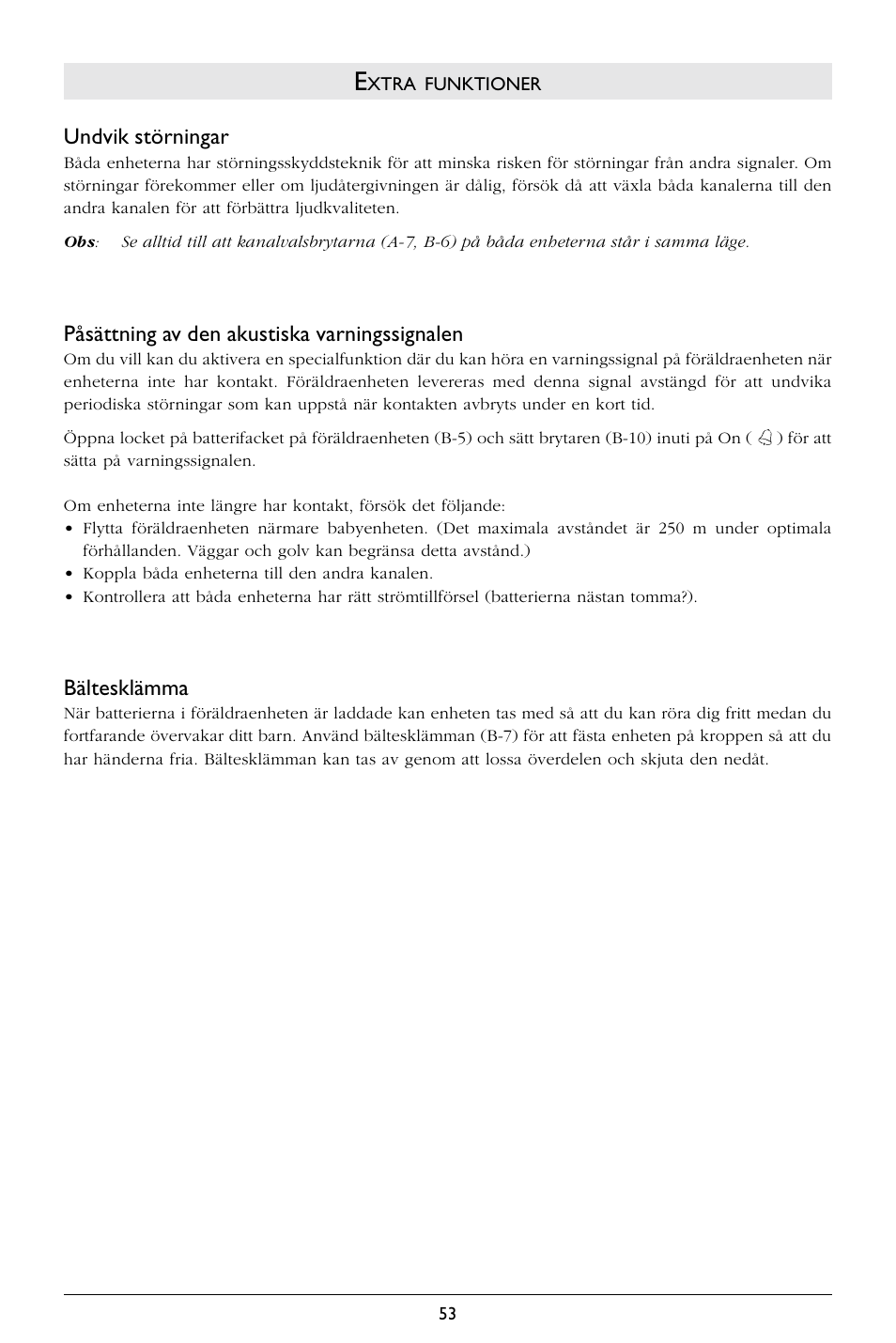 Undvik störningar, Påsättning av den akustiska varningssignalen, Bältesklämma | Philips SBCSC363 User Manual | Page 54 / 75